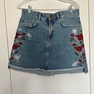 Zara Embroidered Flowers Denim Mini Skirt
